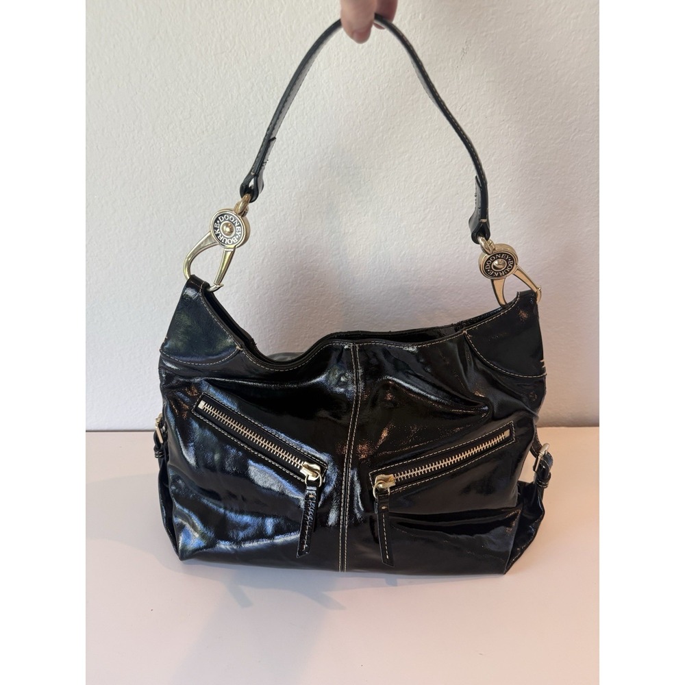 Dooney‎ & Bourke Black Patent Leather Medium Hobo Shoulder Bag Zip Pocket Nice